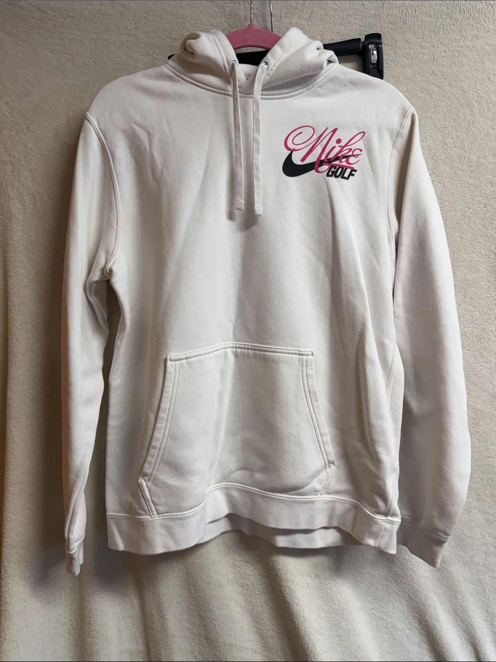 Nike White Hoodie with Pink Script and Black Swoosh